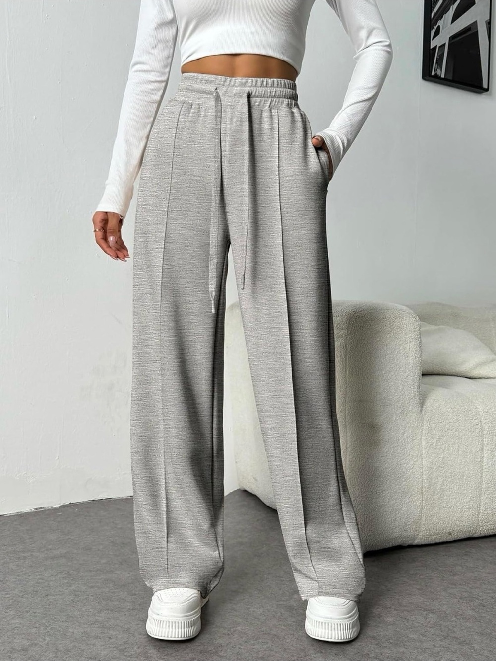 High-Rise Wide-Leg Lounge Pants in Light Gray